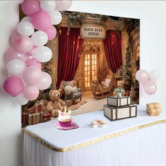 Lofaris Christmas Magic Bear House Backdrop, Red Velvet Curtains and Teddy Bear Sled Decoration