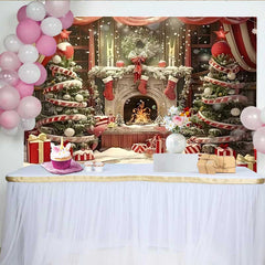 Lofaris Christmas Fireplace and Candy Cane Tree Backdrop, Red Stockings and Festive Gifts Decoration