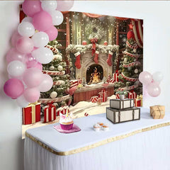 Lofaris Christmas Fireplace and Candy Cane Tree Backdrop, Red Stockings and Festive Gifts Decoration