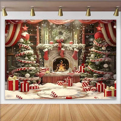 Lofaris Christmas Fireplace and Candy Cane Tree Backdrop, Red Stockings and Festive Gifts Decoration