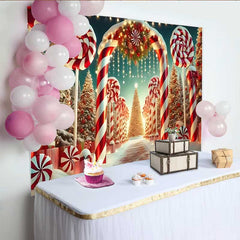 Lofaris Candy Cane Lane Christmas Backdrop, Snowy Lollipop Wonderland Party Banner for Winter Decor