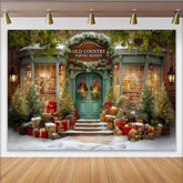 Lofaris Old Country Market Christmas Backdrop, Vintage Green Storefront with Holiday Gift Decor