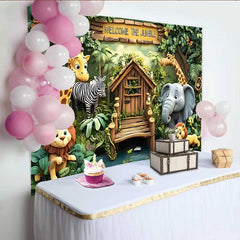 Lofaris Welcome to the Jungle Safari Backdrop, Cartoon Zoo Animals Party Banner for Kids Birthday