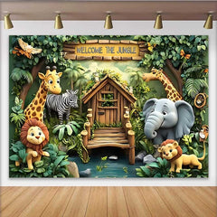 Lofaris Welcome to the Jungle Safari Backdrop, Cartoon Zoo Animals Party Banner for Kids Birthday