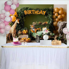 Lofaris Safari Jeep Adventure Birthday Backdrop, Jungle Animal and Balloon Party Banner for Boy