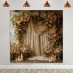 Lofaris Boho Floral Silk Backdrop, Cream Drapery and Rose Arch with Candles for Wedding