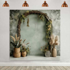 Lofaris Boho Woven Arch Backdrop, Pampa Grass and Wicker Baskets for Rustic Studio Decor