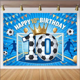 Lofaris Soccer Champion 10th Birthday Backdrop, Blue Goal and Gold Crown Sport Party Banner