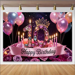 Lofaris Jeweled 10th Birthday Party Backdrop, Pink Balloons and Roses Happy Birthday Banner