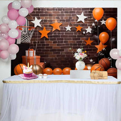 Lofaris Basketball Court Birthday Backdrop, Urban Brick Wall with Sports Gear Party Banner