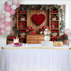Lofaris Romantic Heart Rose Backdrop, Wooden Wall with Red Rose Heart and Floral Decor Banner