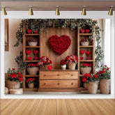 Lofaris Romantic Heart Rose Backdrop, Wooden Wall with Red Rose Heart and Floral Decor Banner