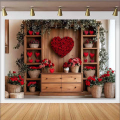 Lofaris Romantic Heart Rose Backdrop, Wooden Wall with Red Rose Heart and Floral Decor Banner