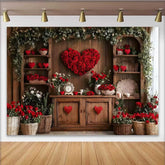 Lofaris Vintage Valentines Day Backdrop, Heart Rose Wreath with Red Flowers and Rustic Decor