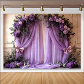 Lofaris Elegant Purple Wedding Backdrop, Floral Arch with Lavender Draping and Pink Bows Banner