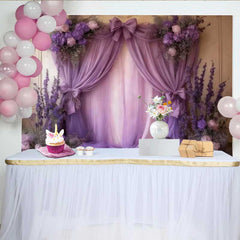 Lofaris Royal Purple Wedding Backdrop, Lavender Draping with Floral Clusters and Center Bow