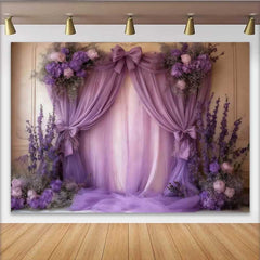 Lofaris Royal Purple Wedding Backdrop, Lavender Draping with Floral Clusters and Center Bow