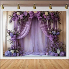 Lofaris Luxury Purple Wedding Backdrop, Lavender Draping with Pink Bows and Pearl Accents