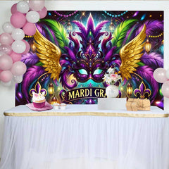 Lofaris Mardi Gras Carnival Mask Backdrop, Golden Wings and Purple Feathers Party Banner