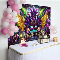 Lofaris Mardi Gras Carnival Mask Backdrop, Golden Wings and Purple Feathers Party Banner