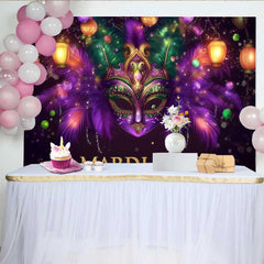 Lofaris Purple Masquerade Night Backdrop, Mardi Gras Mask and Green Feathers Party Banner