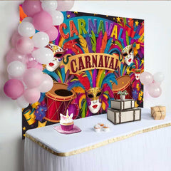 Lofaris Colorful Carnaval Party Backdrop, Festive Mask and Drum Celebration Banner for Studio