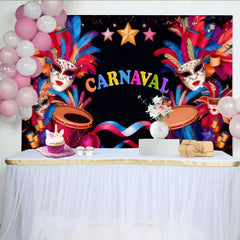 Lofaris Sleek Black Carnaval Backdrop, Modern Mask and Drum Celebration Party Banner