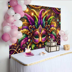 Lofaris Mardi Gras Grand Gala Backdrop, Multi-Color Feather Mask and Golden Beads Banner