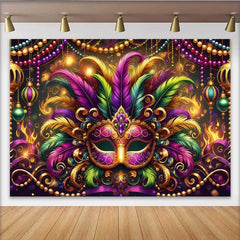 Lofaris Mardi Gras Grand Gala Backdrop, Multi-Color Feather Mask and Golden Beads Banner