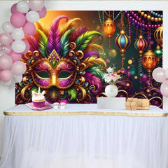 Lofaris Warm Mardi Gras Celebration Backdrop, Feathered Mask and Golden Lantern Banner