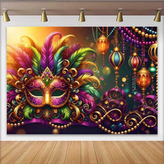 Lofaris Warm Mardi Gras Celebration Backdrop, Feathered Mask and Golden Lantern Banner