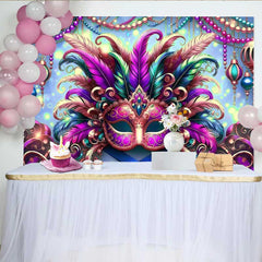Lofaris Bright Mardi Gras Festival Backdrop, Feathered Mask and Blue Bokeh Party Banner
