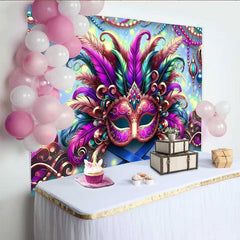 Lofaris Bright Mardi Gras Festival Backdrop, Feathered Mask and Blue Bokeh Party Banner