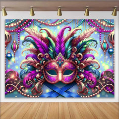 Lofaris Bright Mardi Gras Festival Backdrop, Feathered Mask and Blue Bokeh Party Banner