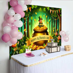 Lofaris St Patricks Day Pot of Gold Backdrop, Lucky Leprechaun and Shamrocks Party Banner