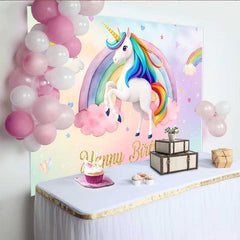 Lofaris Watercolor Unicorn Rainbow Backdrop, Happy Birthday Clouds and Stars Party Banner