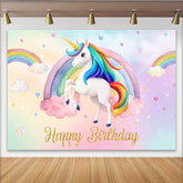 Lofaris Watercolor Unicorn Rainbow Backdrop, Happy Birthday Clouds and Stars Party Banner
