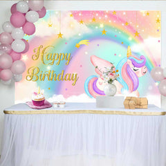 Lofaris Sleeping Winged Unicorn Backdrop, Dreamy Rainbow and Hanging Gold Stars Banner