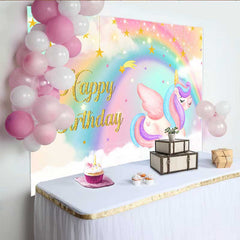 Lofaris Sleeping Winged Unicorn Backdrop, Dreamy Rainbow and Hanging Gold Stars Banner