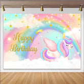 Lofaris Sleeping Winged Unicorn Backdrop, Dreamy Rainbow and Hanging Gold Stars Banner