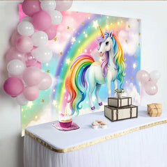 Lofaris Rainbow Mane Unicorn Backdrop, Magical Starry Sky and Pastel Cloud Party Banner