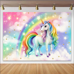Lofaris Rainbow Mane Unicorn Backdrop, Magical Starry Sky and Pastel Cloud Party Banner