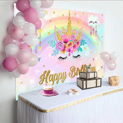 Lofaris Unicorn Face Floral Backdrop, Raining Heart Clouds and Gold Horn Birthday Banner