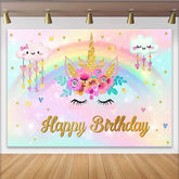 Lofaris Unicorn Face Floral Backdrop, Raining Heart Clouds and Gold Horn Birthday Banner