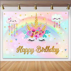Lofaris Unicorn Face Floral Backdrop, Raining Heart Clouds and Gold Horn Birthday Banner