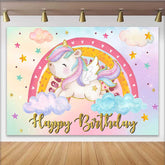 Lofaris Winged Chubby Unicorn Backdrop, Colorful Rainbow and Pastel Cloud Birthday Party Banner