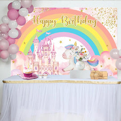 Lofaris Pink Castle Unicorn Backdrop, Rainbow and Gold Stars Magic Kingdom Photography Background for Girls Birthday
