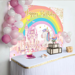 Lofaris Pink Castle Unicorn Backdrop, Rainbow and Gold Stars Magic Kingdom Photography Background for Girls Birthday