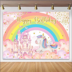 Lofaris Pink Castle Unicorn Backdrop, Rainbow and Gold Stars Magic Kingdom Photography Background for Girls Birthday