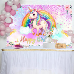 Lofaris Magical Unicorn Rainbow Backdrop, Floral and Pink Glitter Photography Background for Happy Birthday Party